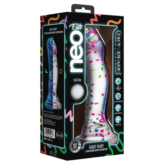 Blush Neo Elite Hanky-Panky 7.5 Inch Purio Silicone Glow In The Dark Dildo - Clear Dildo With Fun Confetti