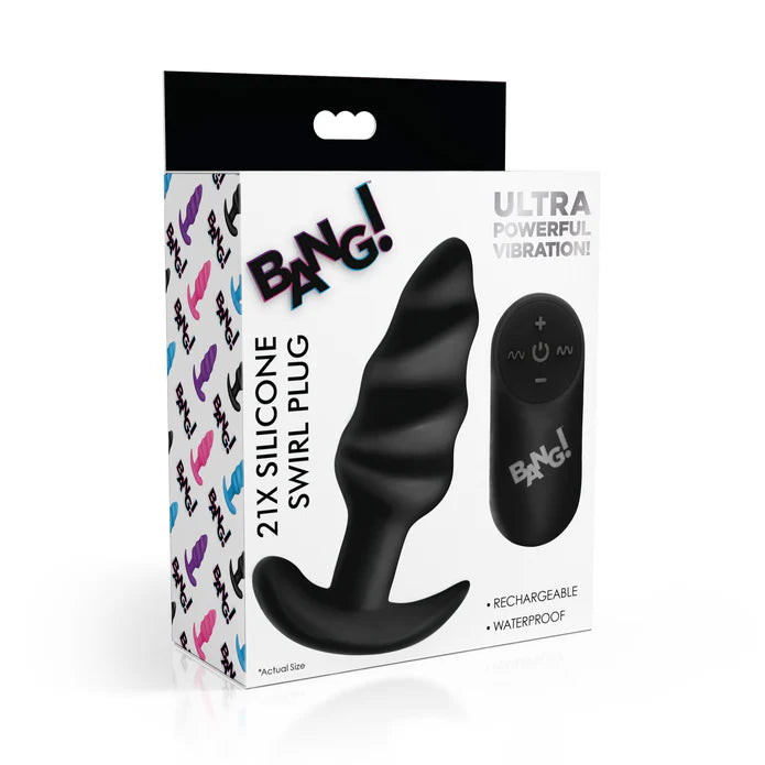 Bang! 21X Remote Control Vibrating Silicone Swirl Butt Plug - Black