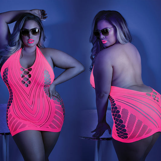 Fantasy Lingerie Glow Shock Value Halter Dress - Neon Pink Queen