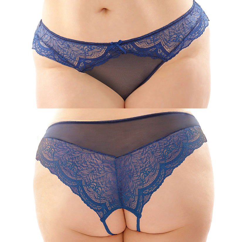 Fantasy Lingerie Cassia Crotchless Lace and Mesh Panty - Navy Queen