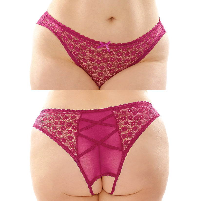 Fantasy Lingerie Daisy Crotchless Lace and Mesh Panty - Berry Queen