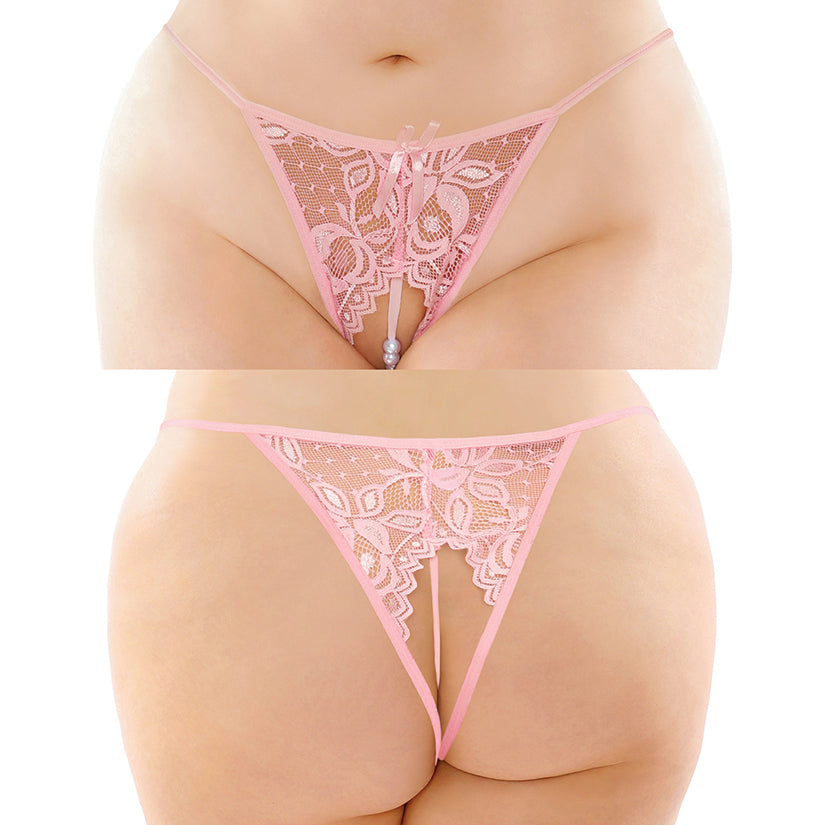 Fantasy Lingerie Calla Crotchless Lace Pearl Panty - Light Pink Queen