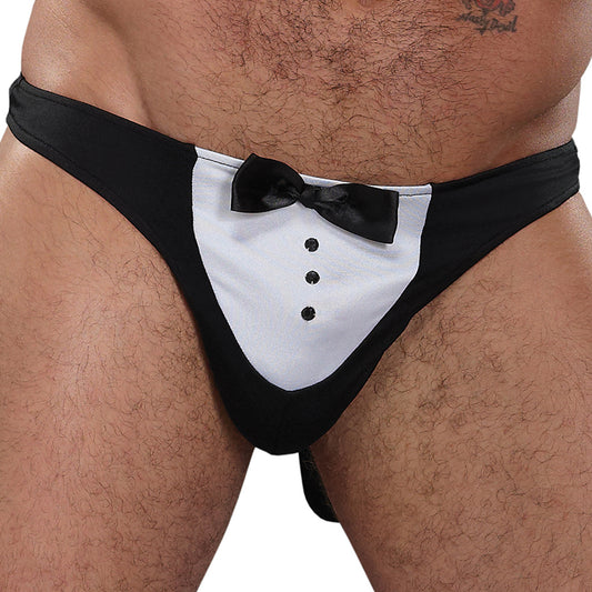 Male Power Novelty Maitre D' Thong - Black One Size