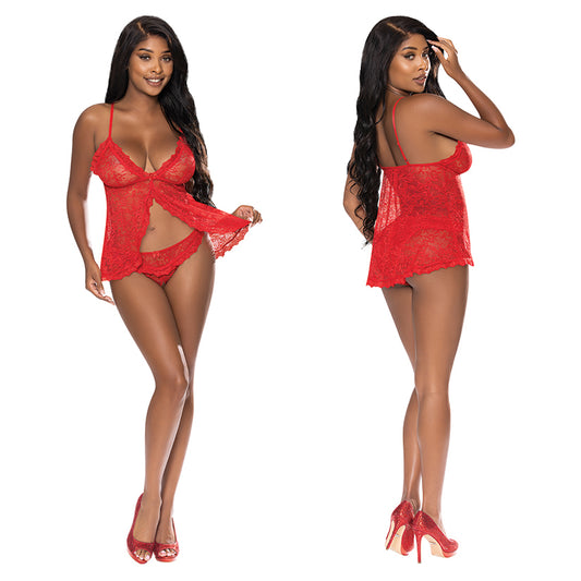 Magic Silk Babydoll & Split Crotch Panty Set - Red S/M