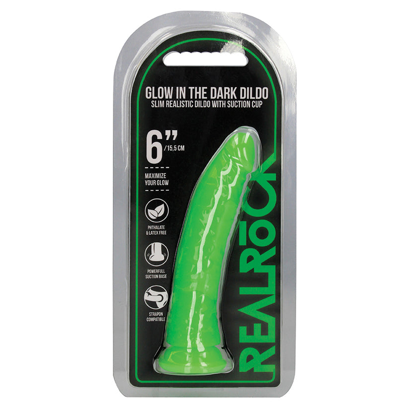 RealRock Slim Glow in the Dark Dildo - Green 6"