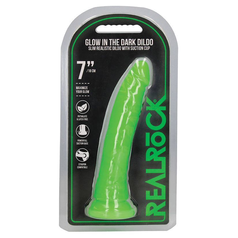 RealRock Slim Glow in the Dark Dildo - Green 7"